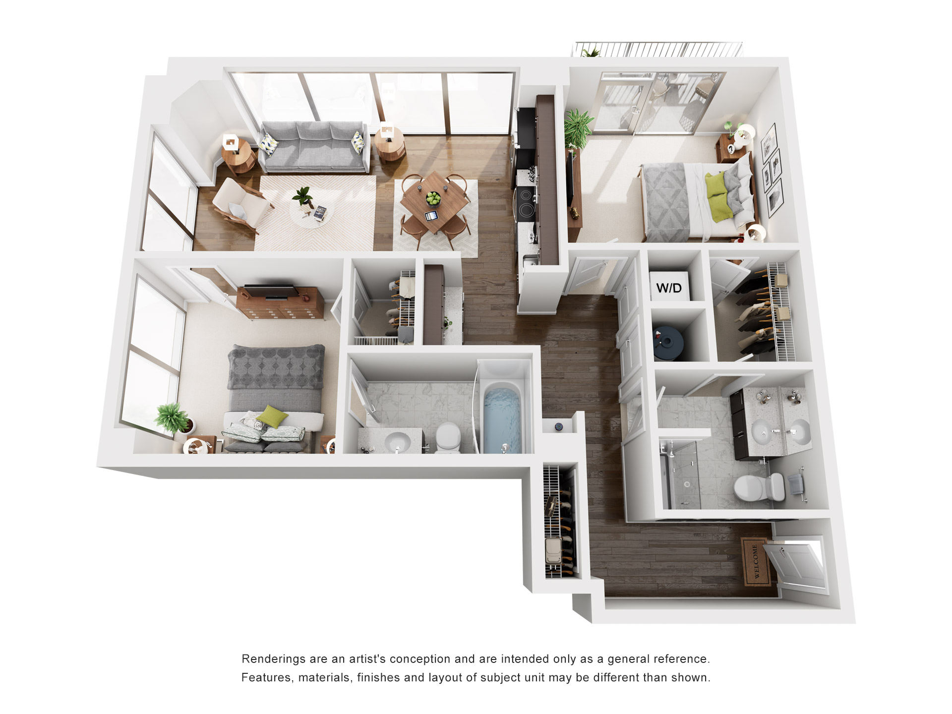 Floor plan for 2 beds, 2 baths, 1031 sqft